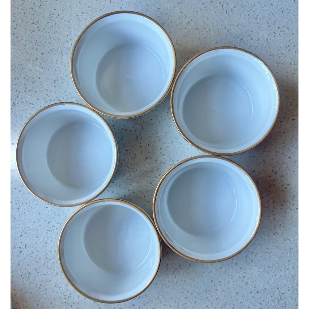 Royal Worcester Evesham Souffle Dishes Set Of 5 Ribbed Gold Trim Charcuterie - Picture 3 of 9